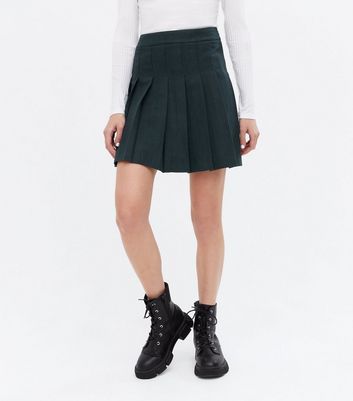 Dark Green Brushed Pleated Curved Hem Mini Skirt New Look