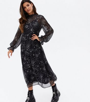 Black Mystic Chiffon Long Sleeve Midi 