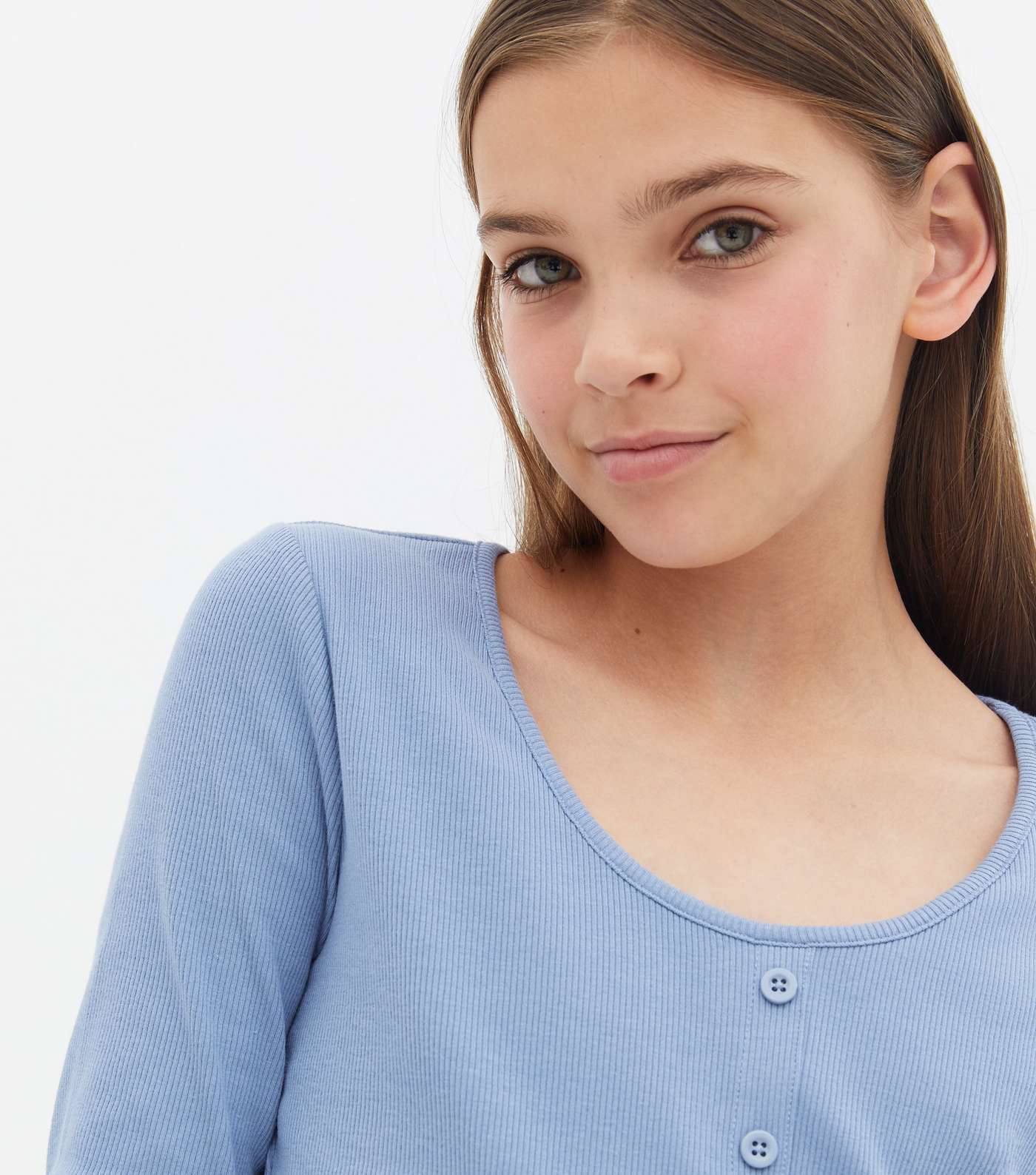 Girls Pale Blue Ribbed Button Front Long Sleeve Top Image 3