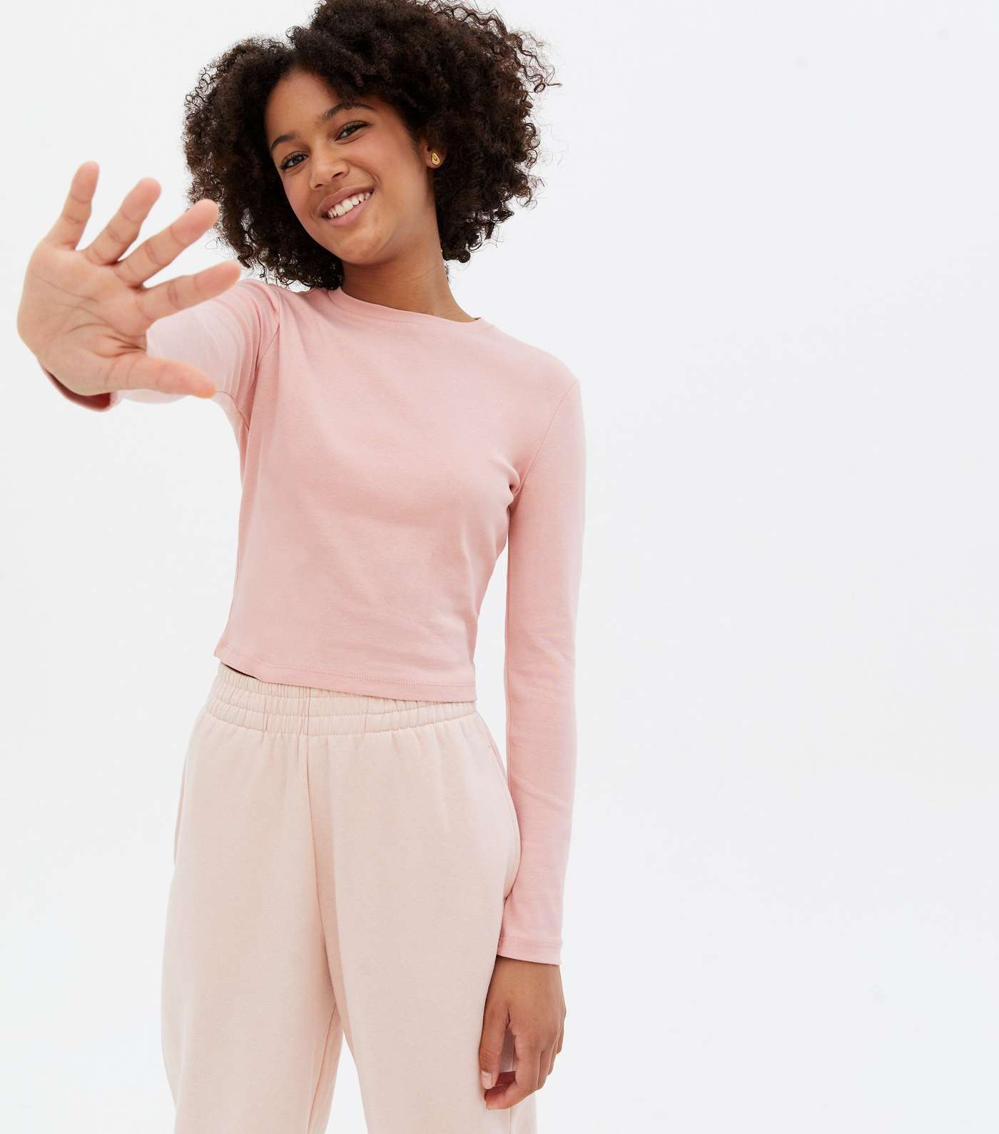 Girls Pale Pink Ribbed Long Sleeve Top