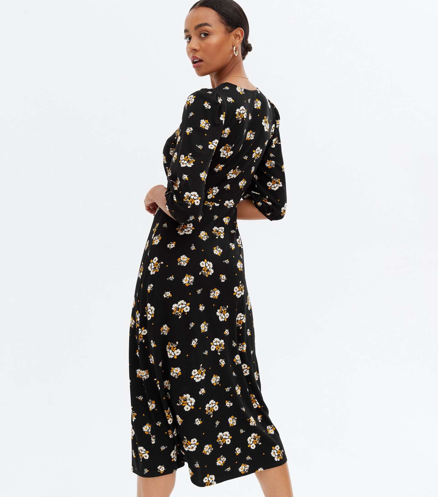 Black Floral Lace Trim Button Front Midi Dress Image 4