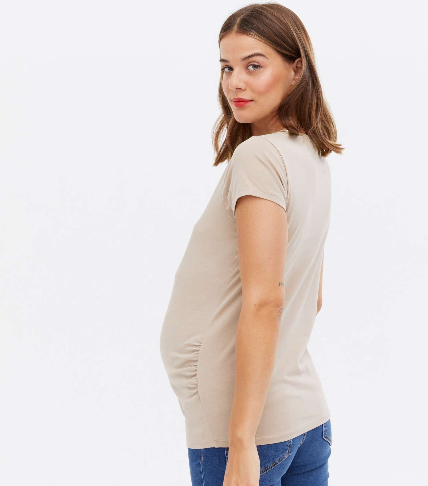 Maternity Light Brown Ruched Side Crew T-Shirt Image 6