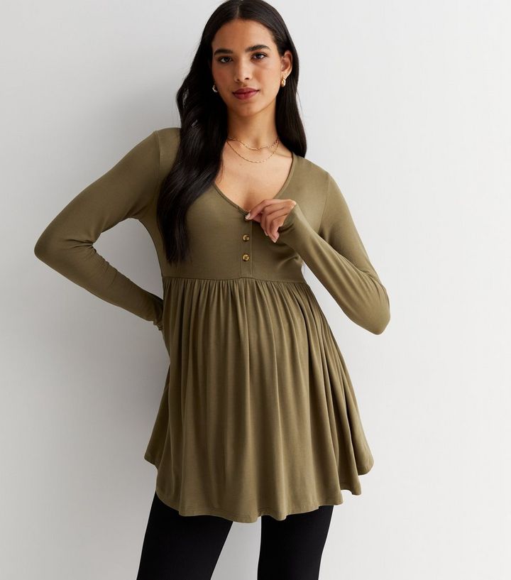Maternity Khaki Long Sleeve Button Peplum Nursing Top | New Look
