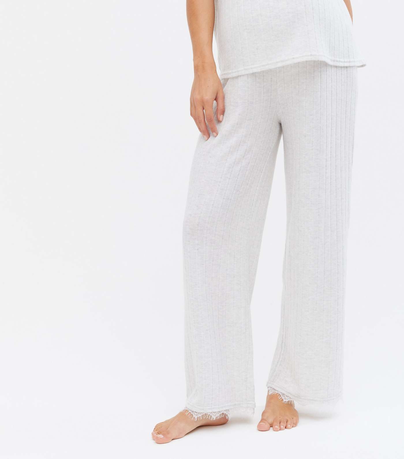 Maternity Pale Grey Ribbed Lace Hem Lounge Trousers Image 2