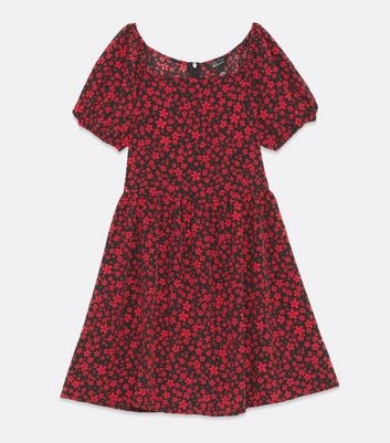 Girls Red Floral Square Neck Puff Sleeve Dress