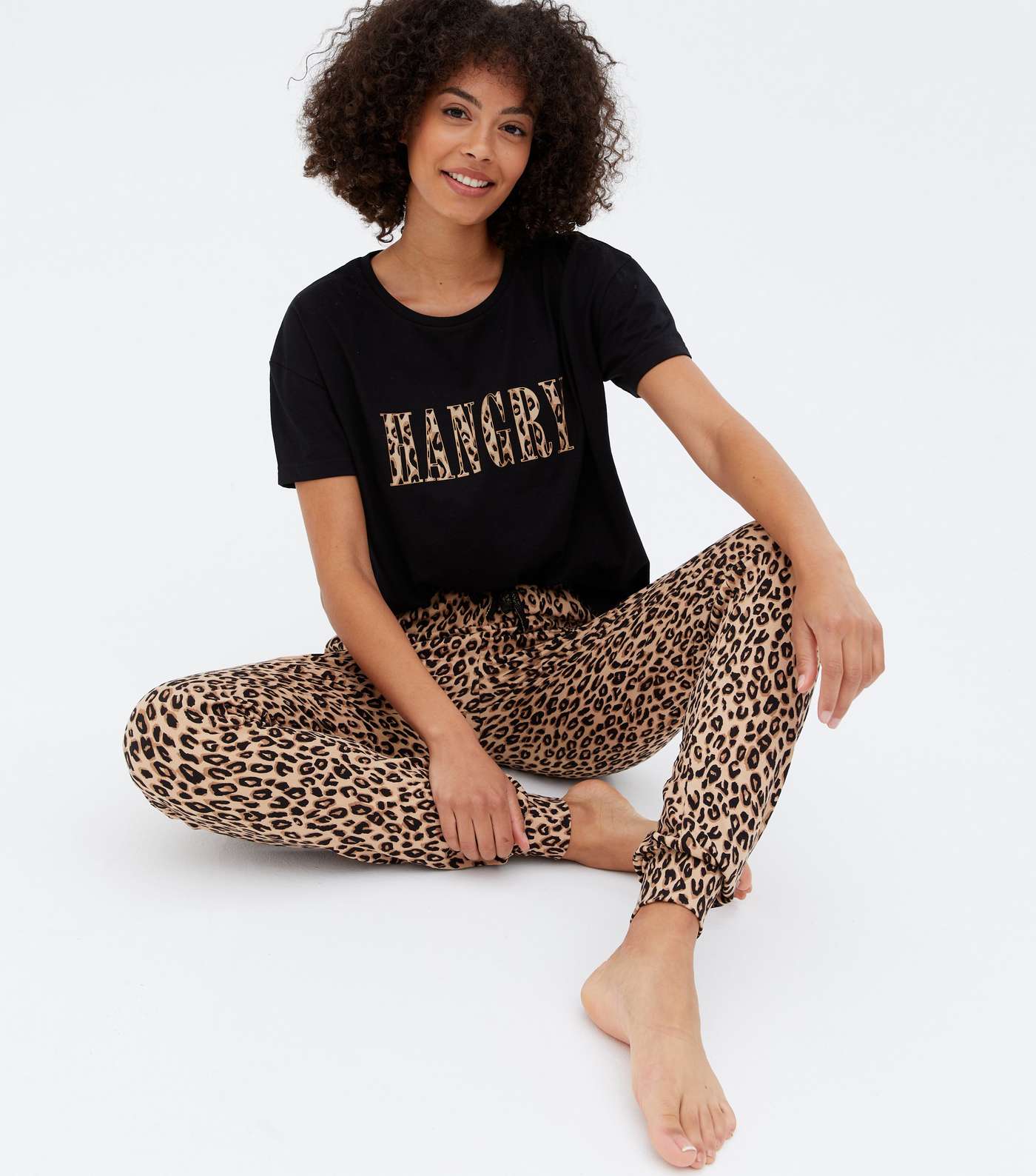 Tall Black Leopard Print Jogger Pyjama Set with Hangry Logo