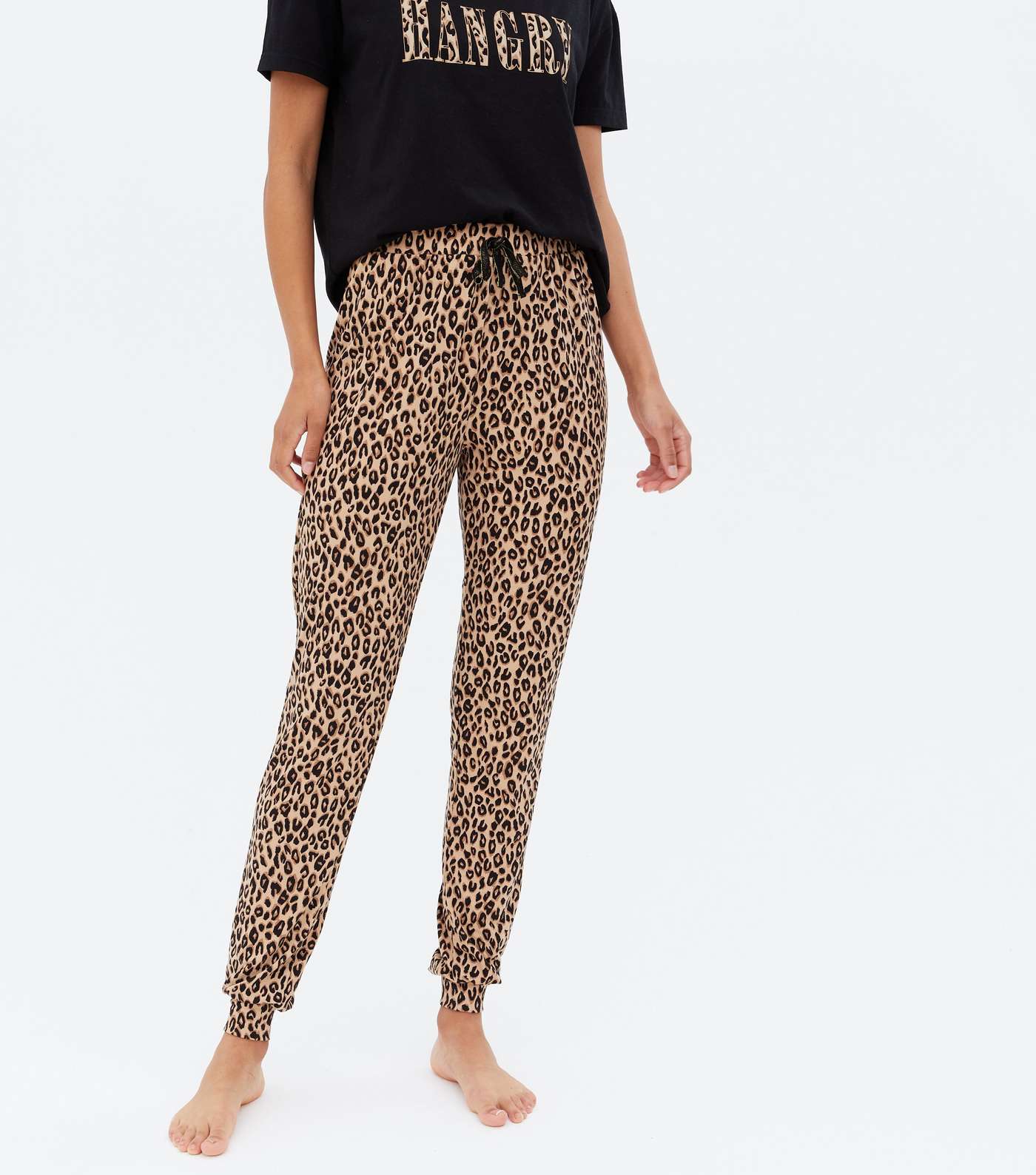 Tall Black Leopard Print Jogger Pyjama Set with Hangry Logo Image 3