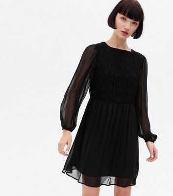 Black Chiffon Shirred Mini Smock Dress 