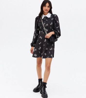 Black Bow Lace Collar Mini Tea Dress New Look