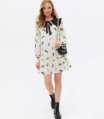 Off White Bow Spot Frill Collar Mini Oversized Smock Dress