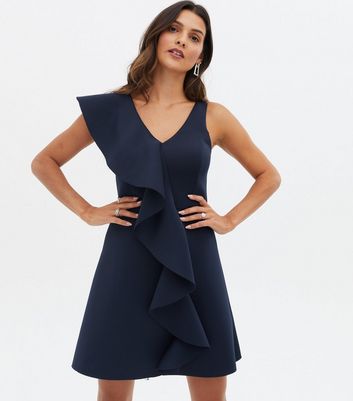 Navy Scuba Ruffle Mini Skater Dress 