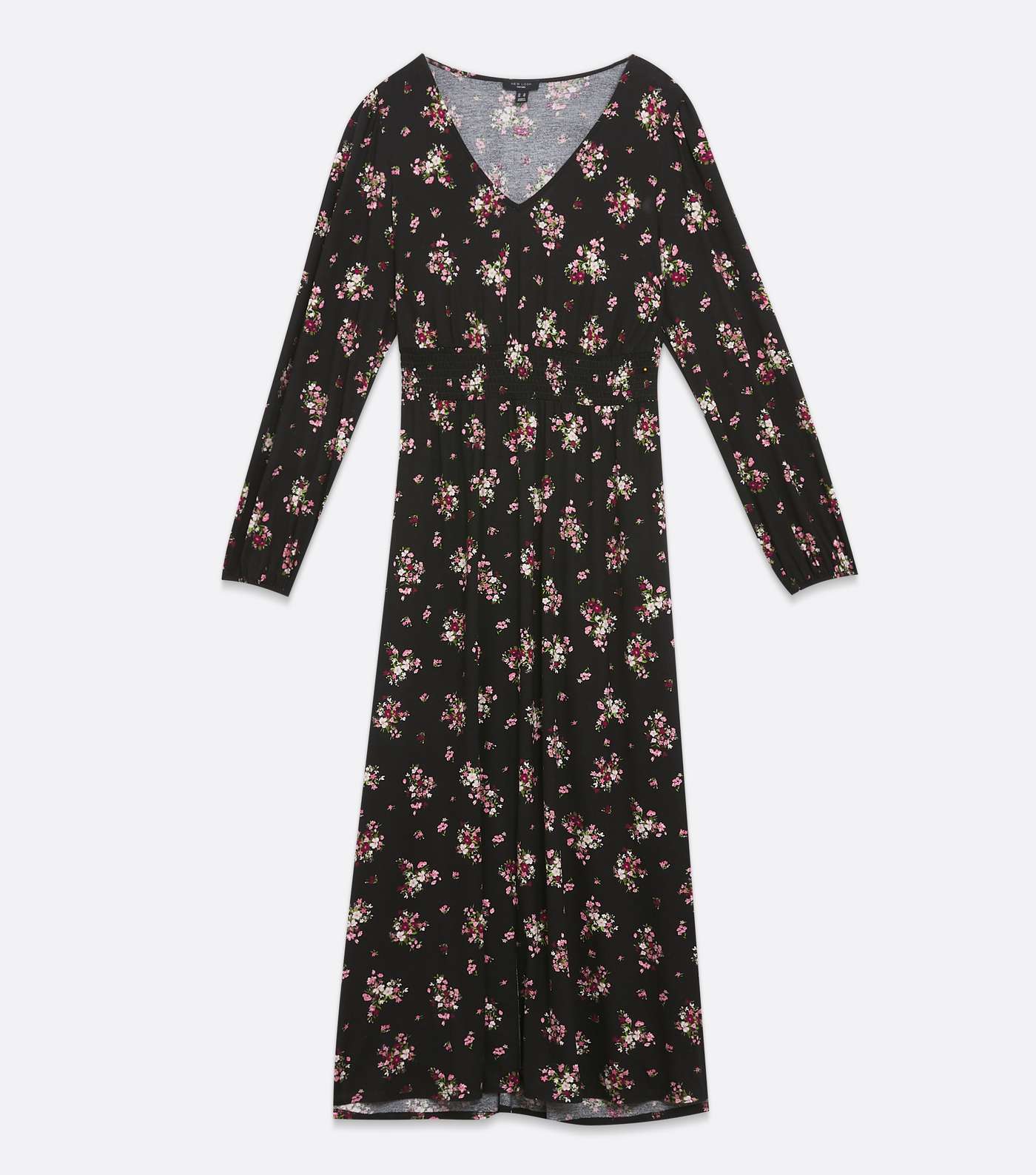 Curves Black Ditsy Floral Shirred Split Midi Dress Image 5