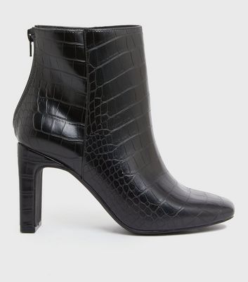 new look black faux croc ankle boots