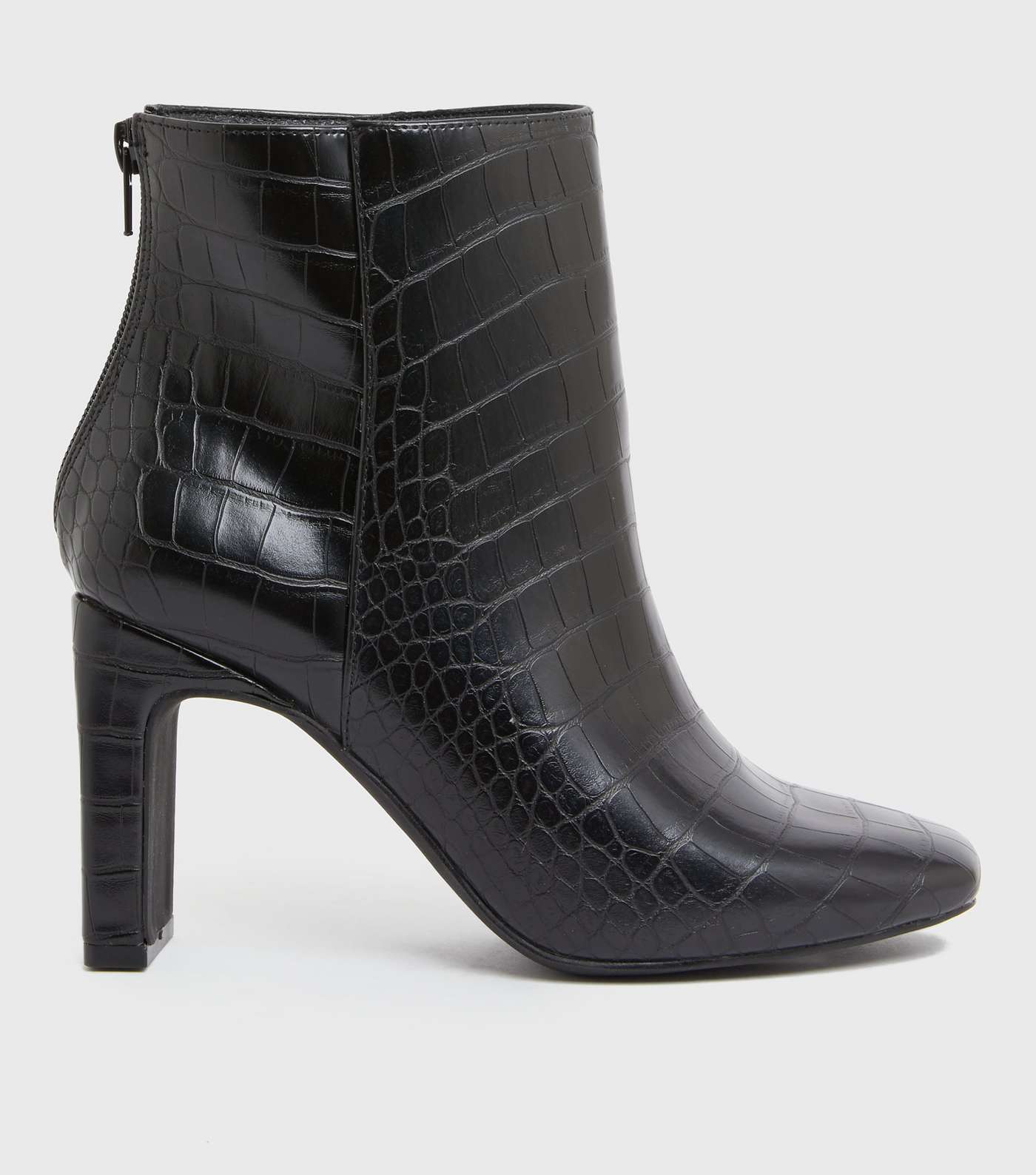 Black Faux Croc Square Toe Block Heel Ankle Boots