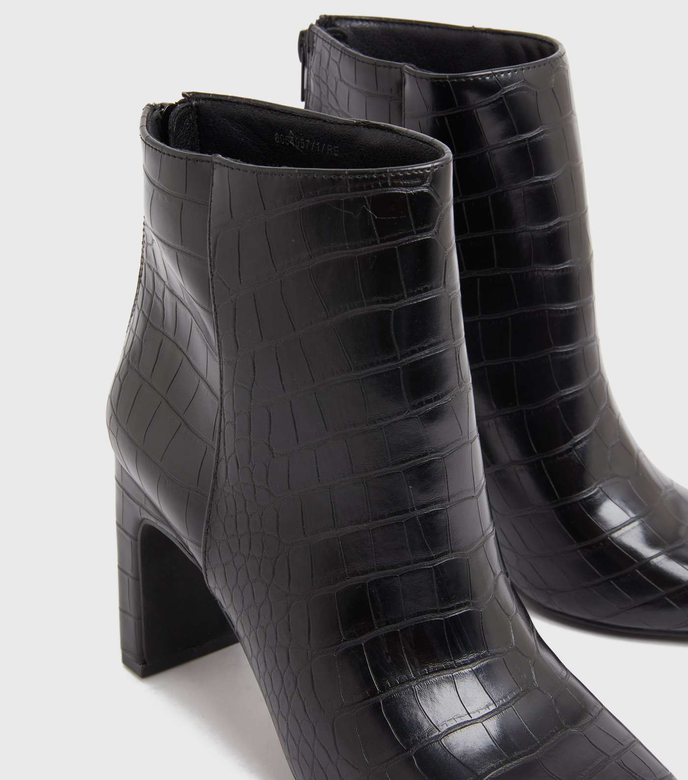 Black Faux Croc Square Toe Block Heel Ankle Boots Image 3