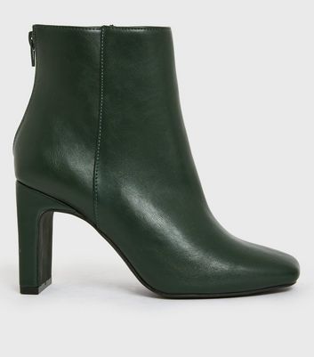 Dark Green Square Toe Slim Block Heel Ankle Boots