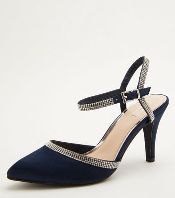 Navy satin shoes store with diamante