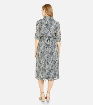 Mela Navy Paisley Pleated Belted Midi Shirt Dress New Look