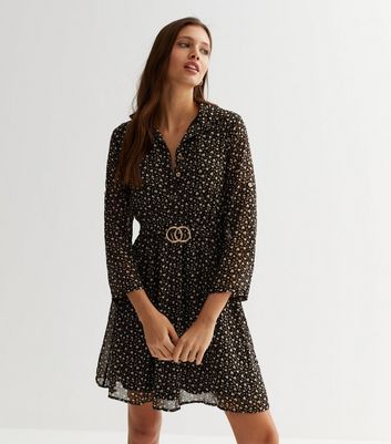 Mela Black Spot Buckle Belted Mini Shirt Dress New Look