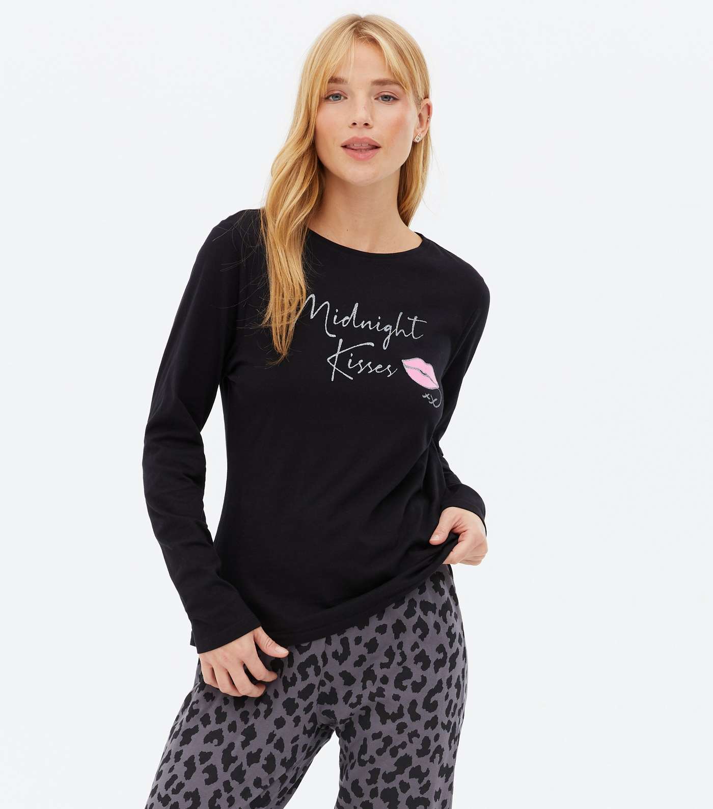 Black Logo Leopard Print Legging Pyjama Set Image 2
