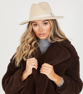 QUIZ Cream Woven Trim Fedora Hat | New Look