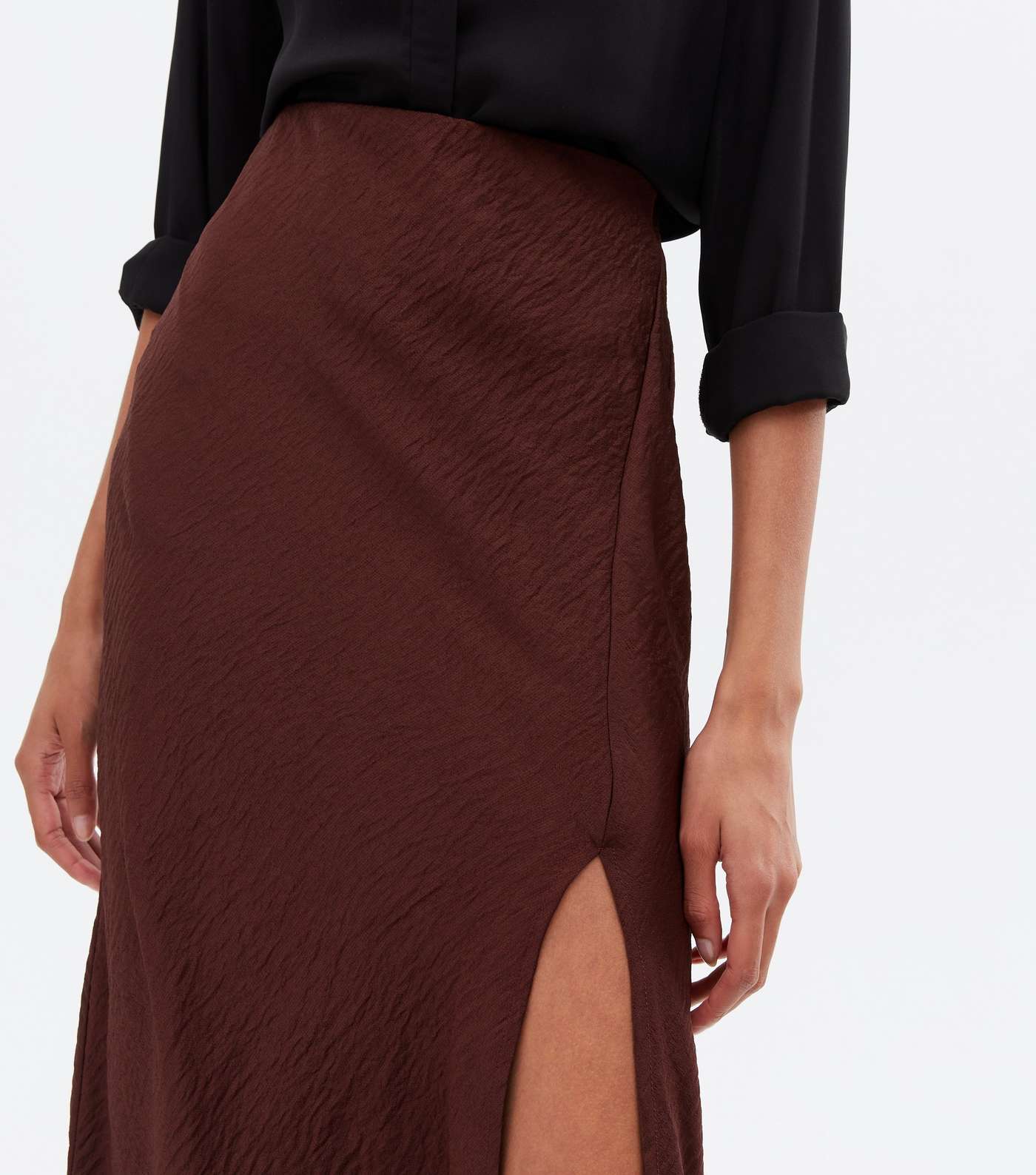 Burgundy Satin Split Midi Skirt Image 3