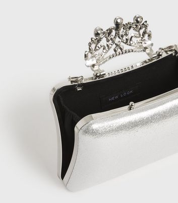 Silver Metallic Embellished Clutch Bag New Look