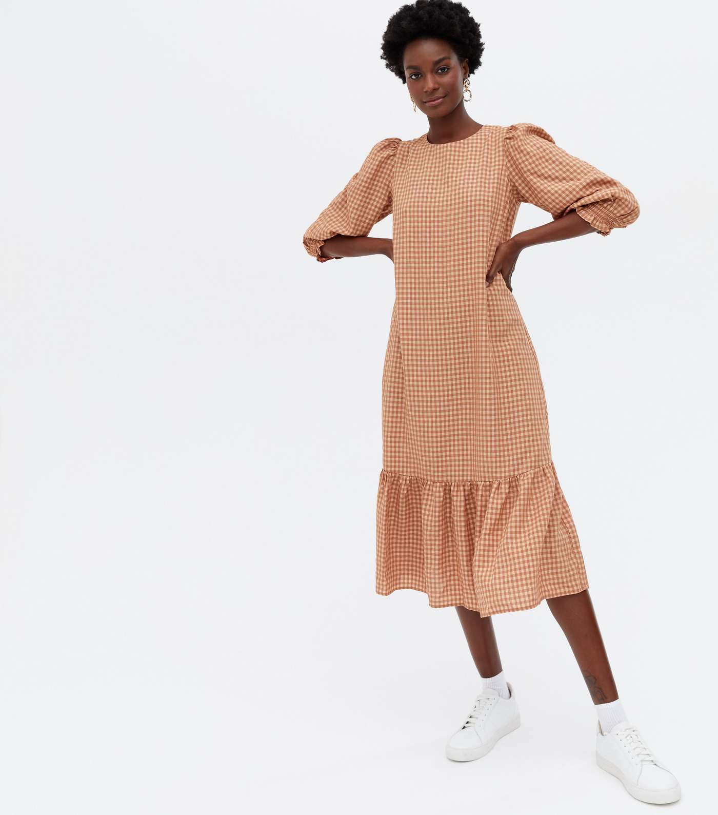 Brown Gingham Shirred Tiered Midi Dress Image 2