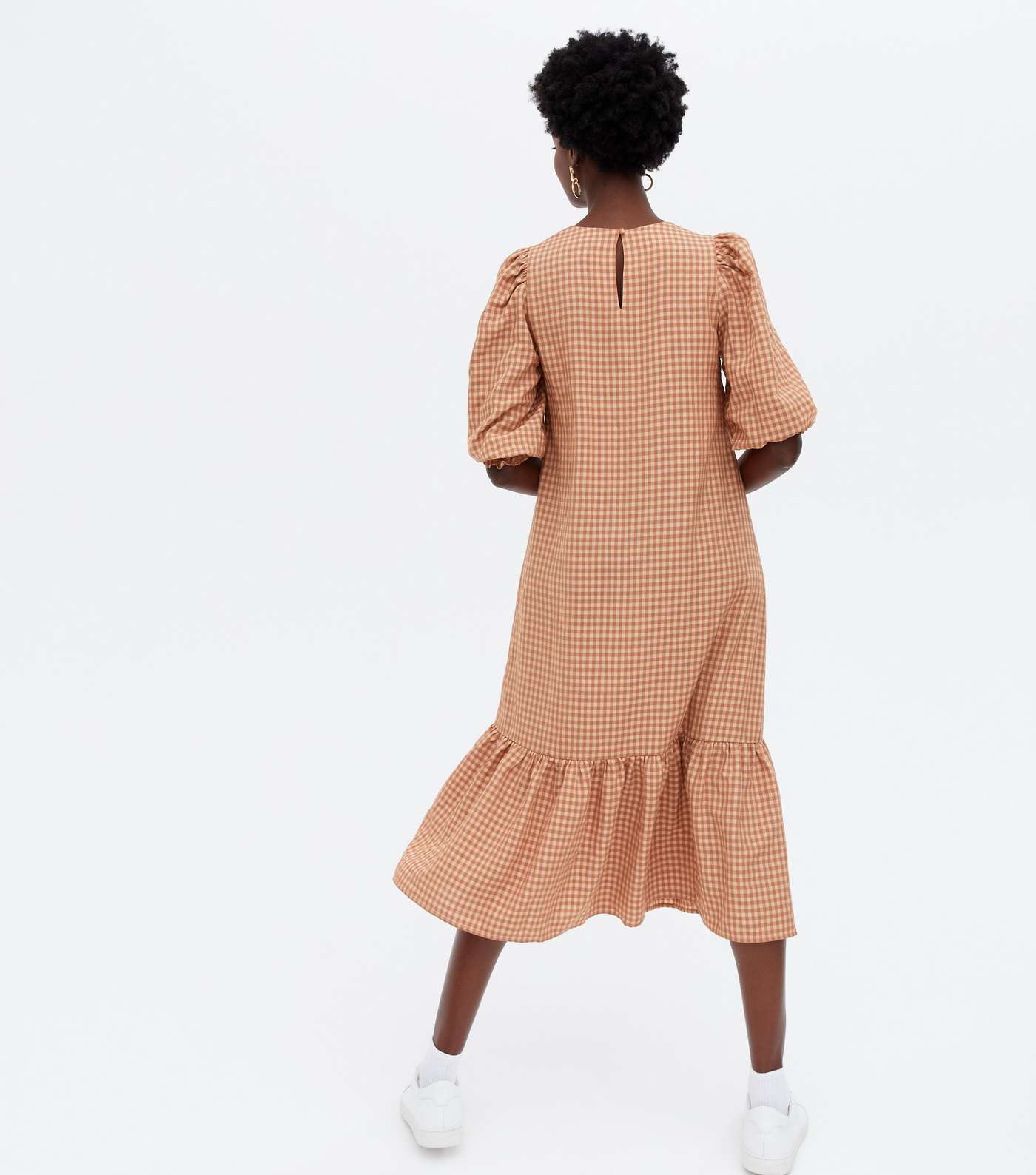 Brown Gingham Shirred Tiered Midi Dress Image 4