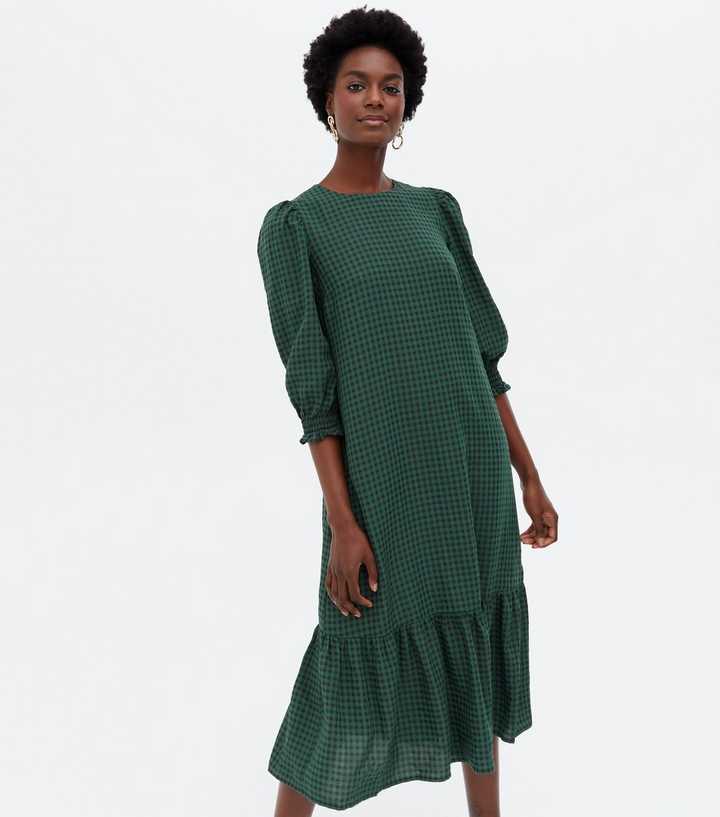 Green Gingham Shirred Tiered Midi Dress | New Look