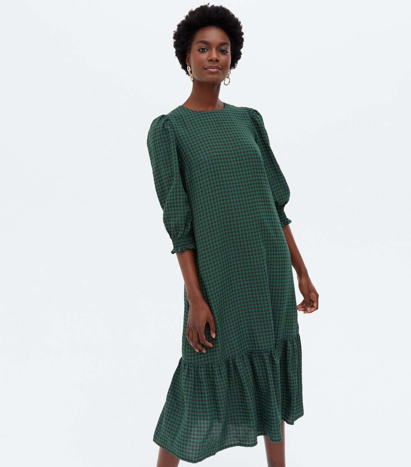 Green Gingham Shirred Tiered Midi Dress