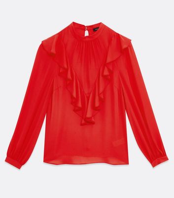 Red Satin Frill High Neck Blouse | New Look