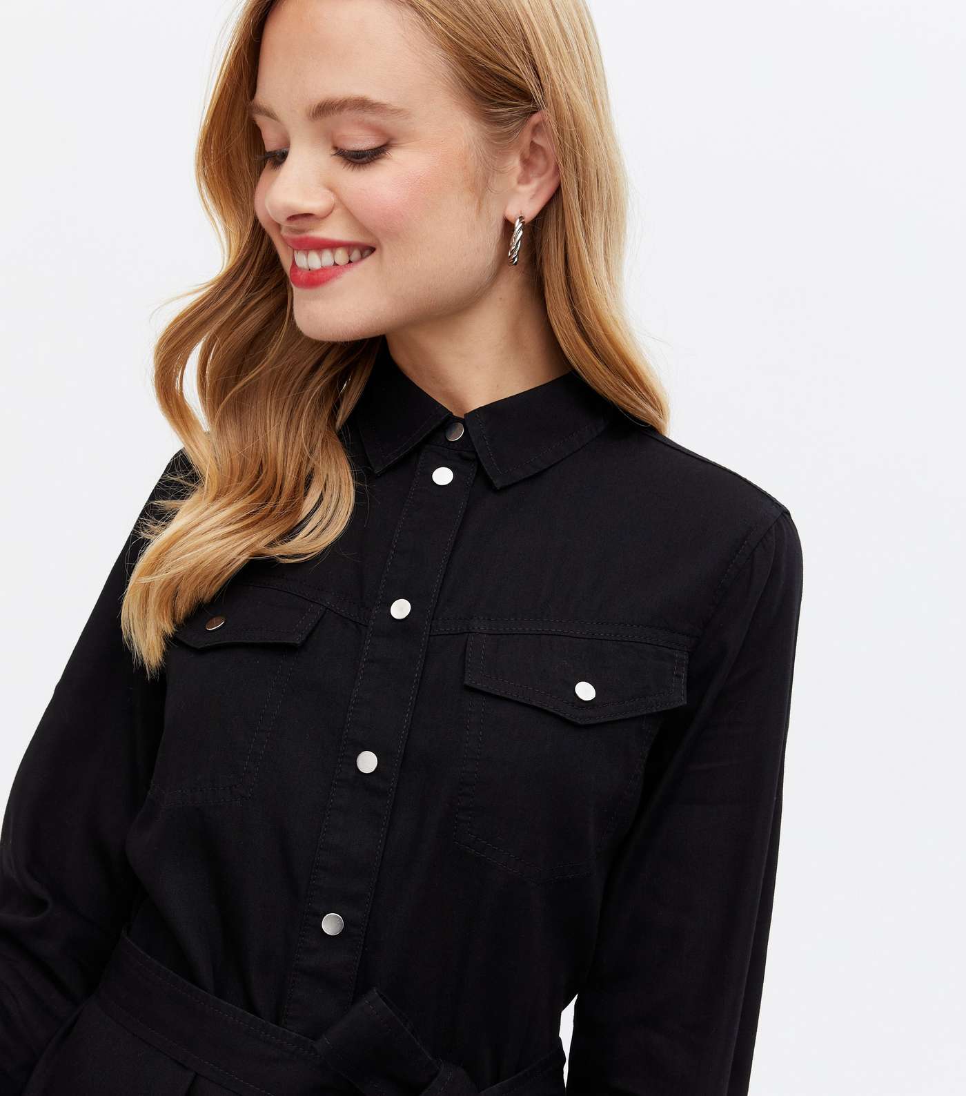 Black Denim Long Sleeve Mini Shirt Dress Image 3