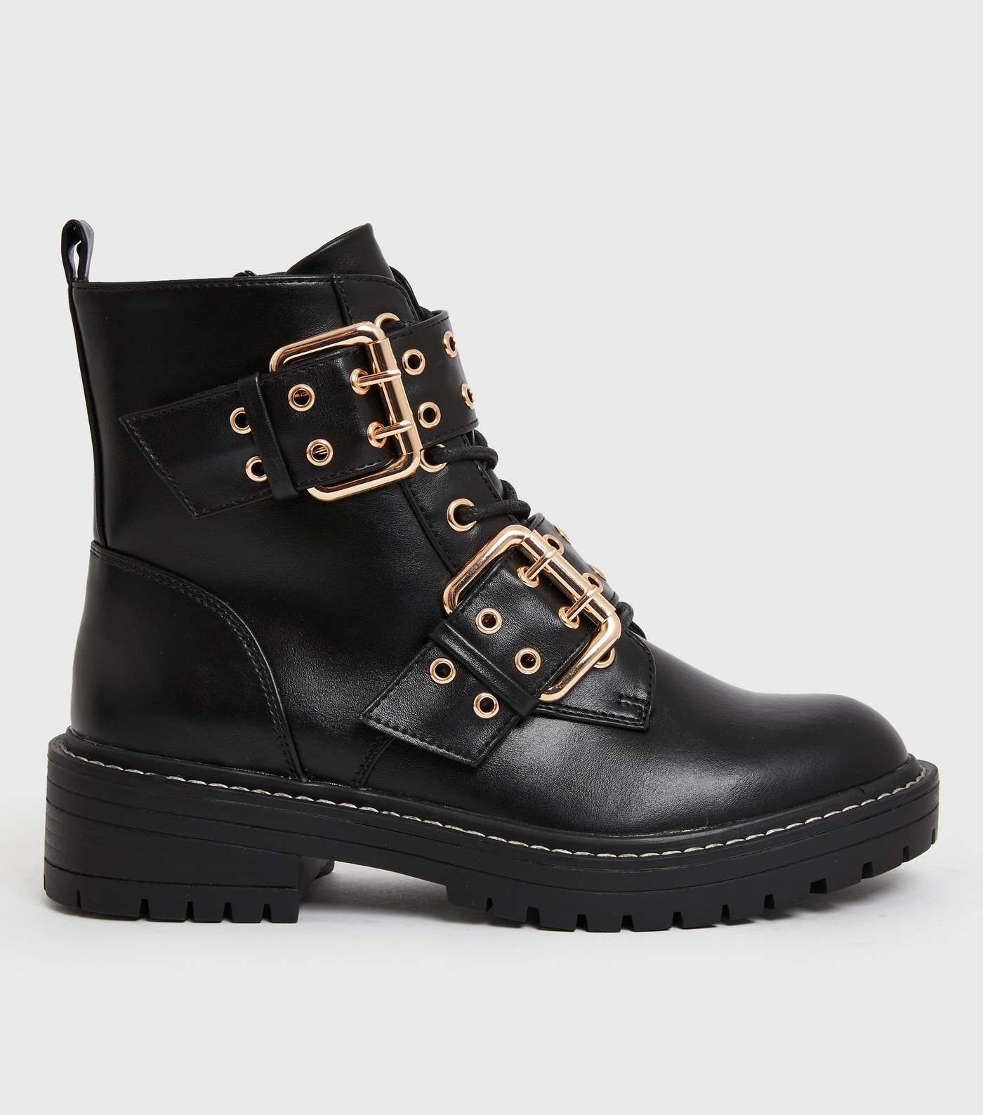 Black Double Buckle Lace Up Chunky Biker Boots
