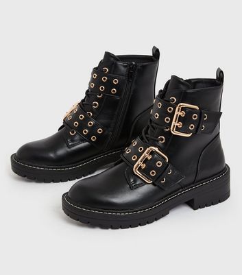 shop for Black Double Buckle Lace Up Chunky Biker Boots New Look Vegan at Shopo