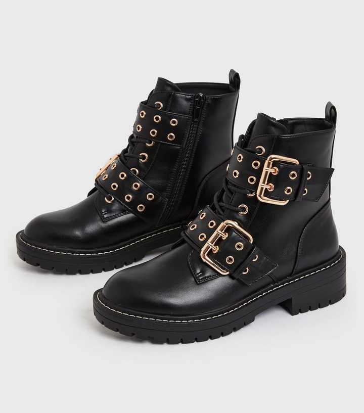 Black Double Buckle Lace Up Chunky Biker Boots - Main Image