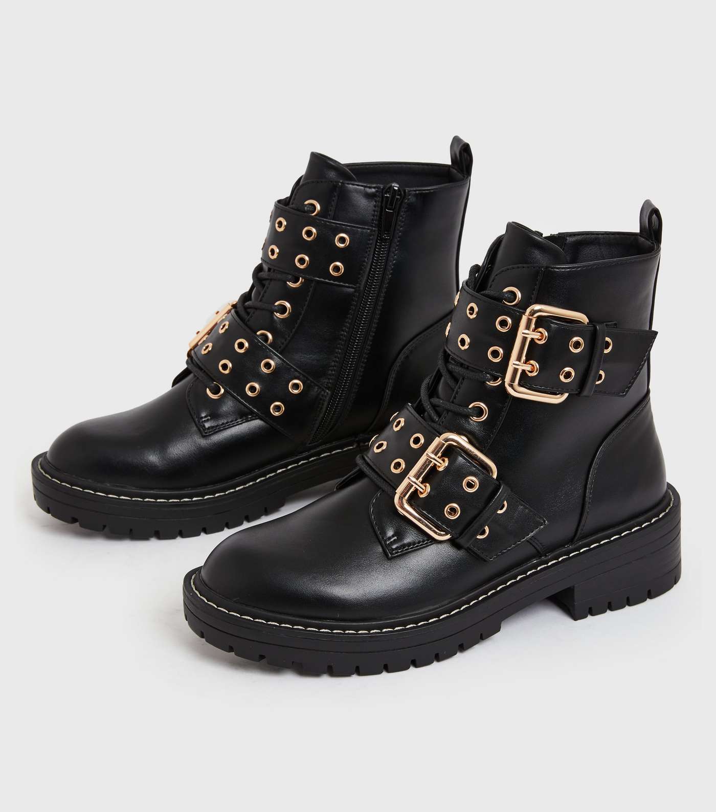Black Double Buckle Lace Up Chunky Biker Boots Image 3