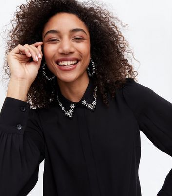 Black Diamanté Collar Long Sleeve Shirt 