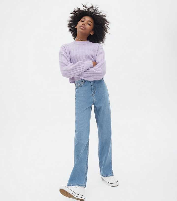 Girls Blue Long Split Anica Straight Leg Jeans | New Look