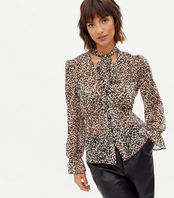 Brown Leopard Print Tie Neck Peplum Blouse 