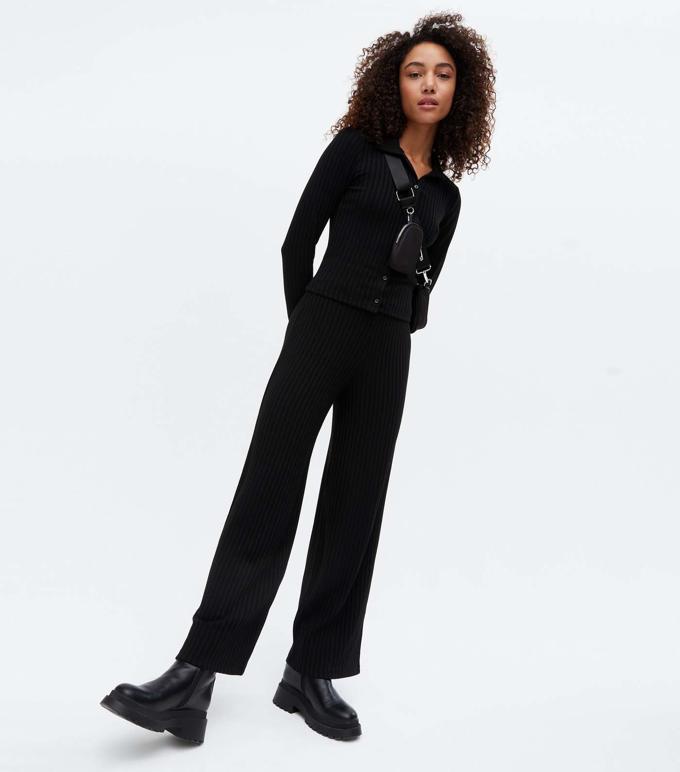 Black Ribbed Fine Knit Wide Leg Trousers