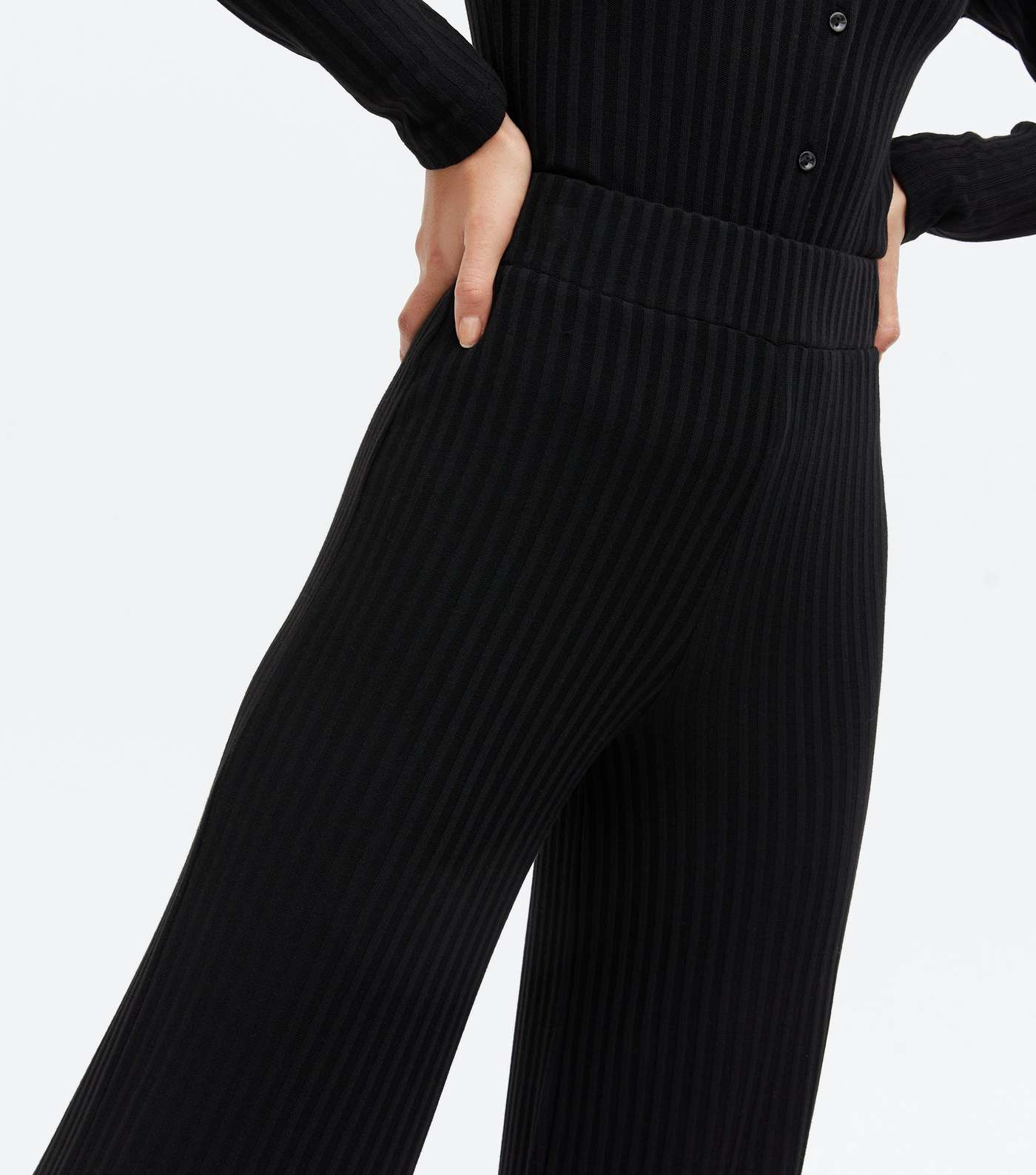 Black Ribbed Fine Knit Wide Leg Trousers Image 3