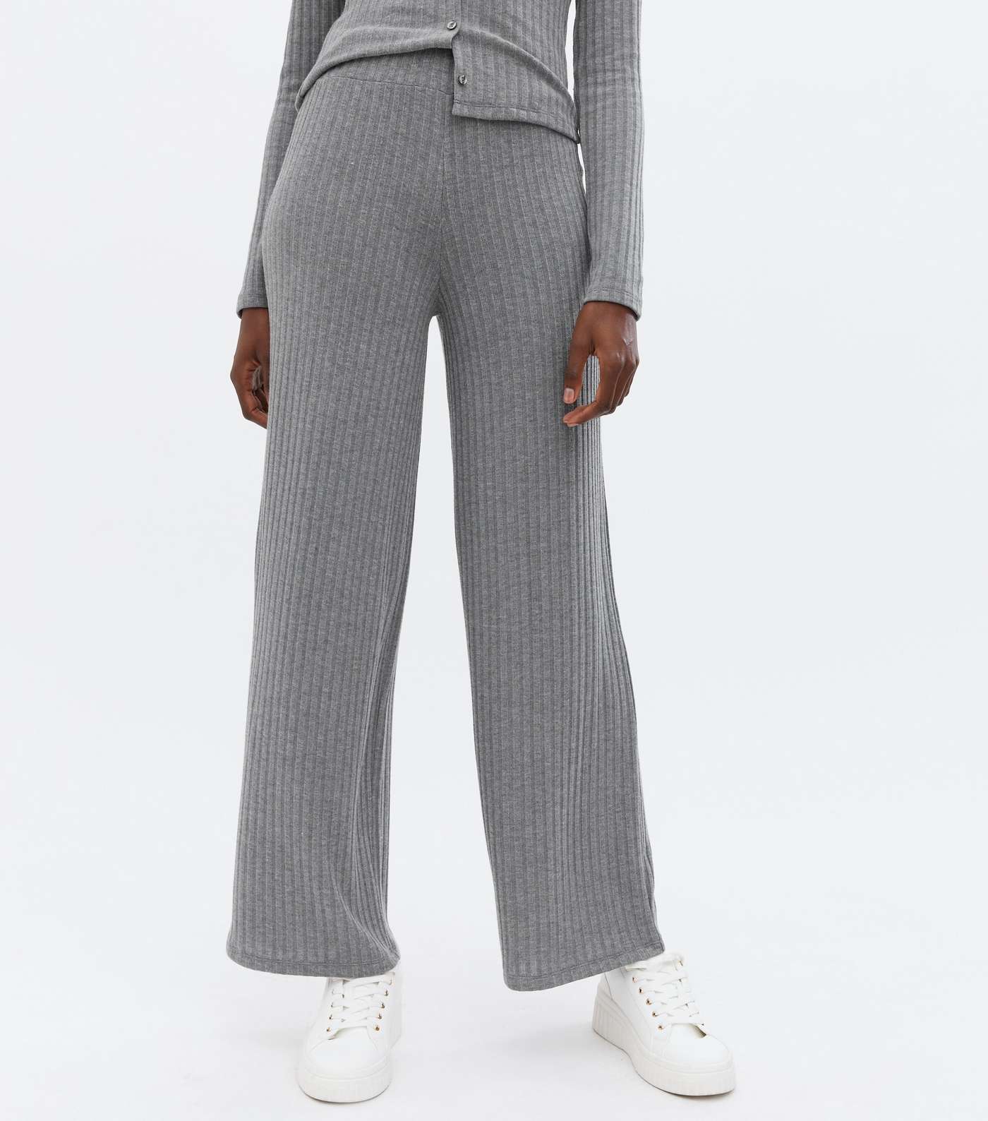 Grey Ribbed Fine Knit Wide Leg Trousers Image 2