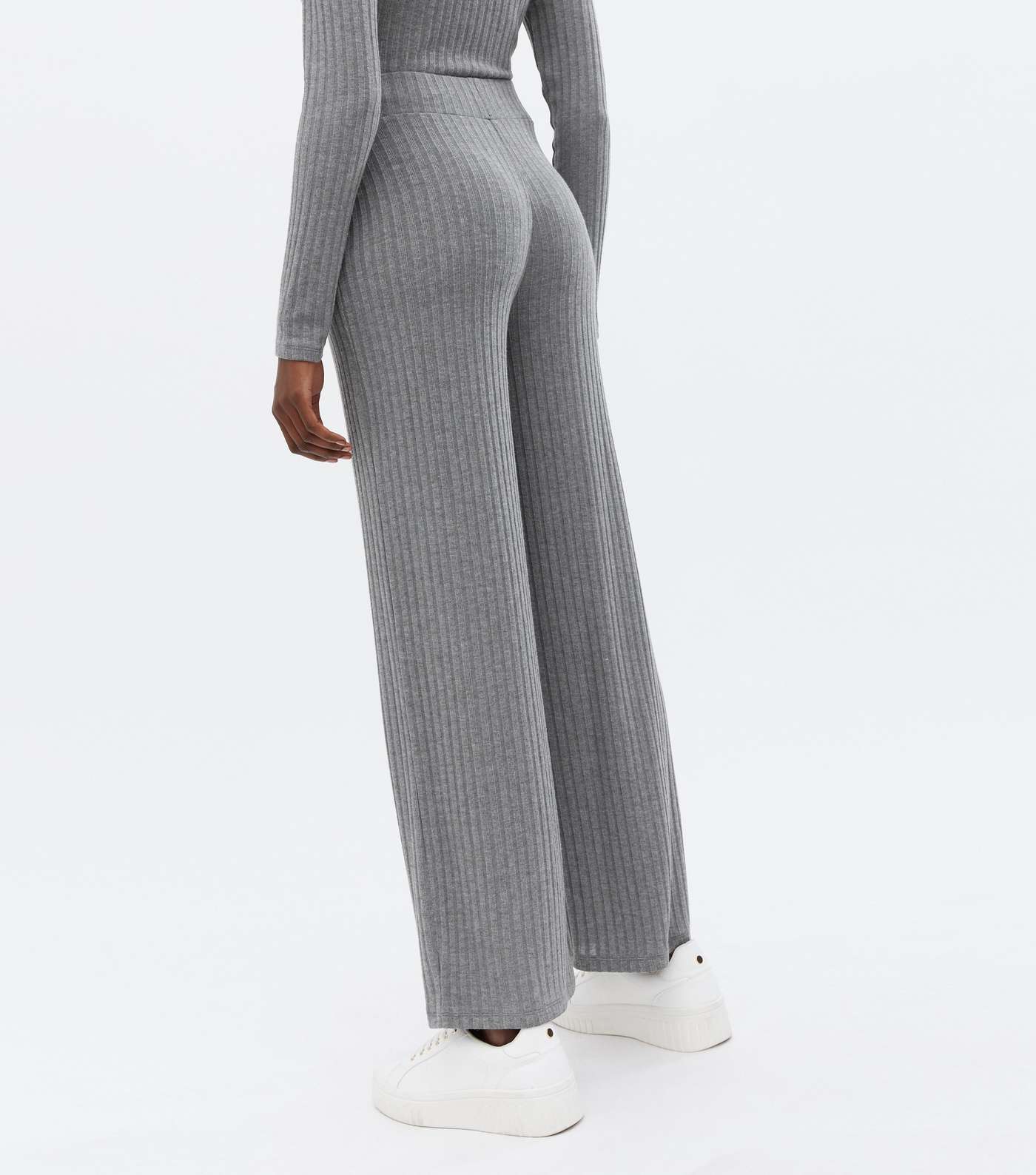 Grey Ribbed Fine Knit Wide Leg Trousers Image 4