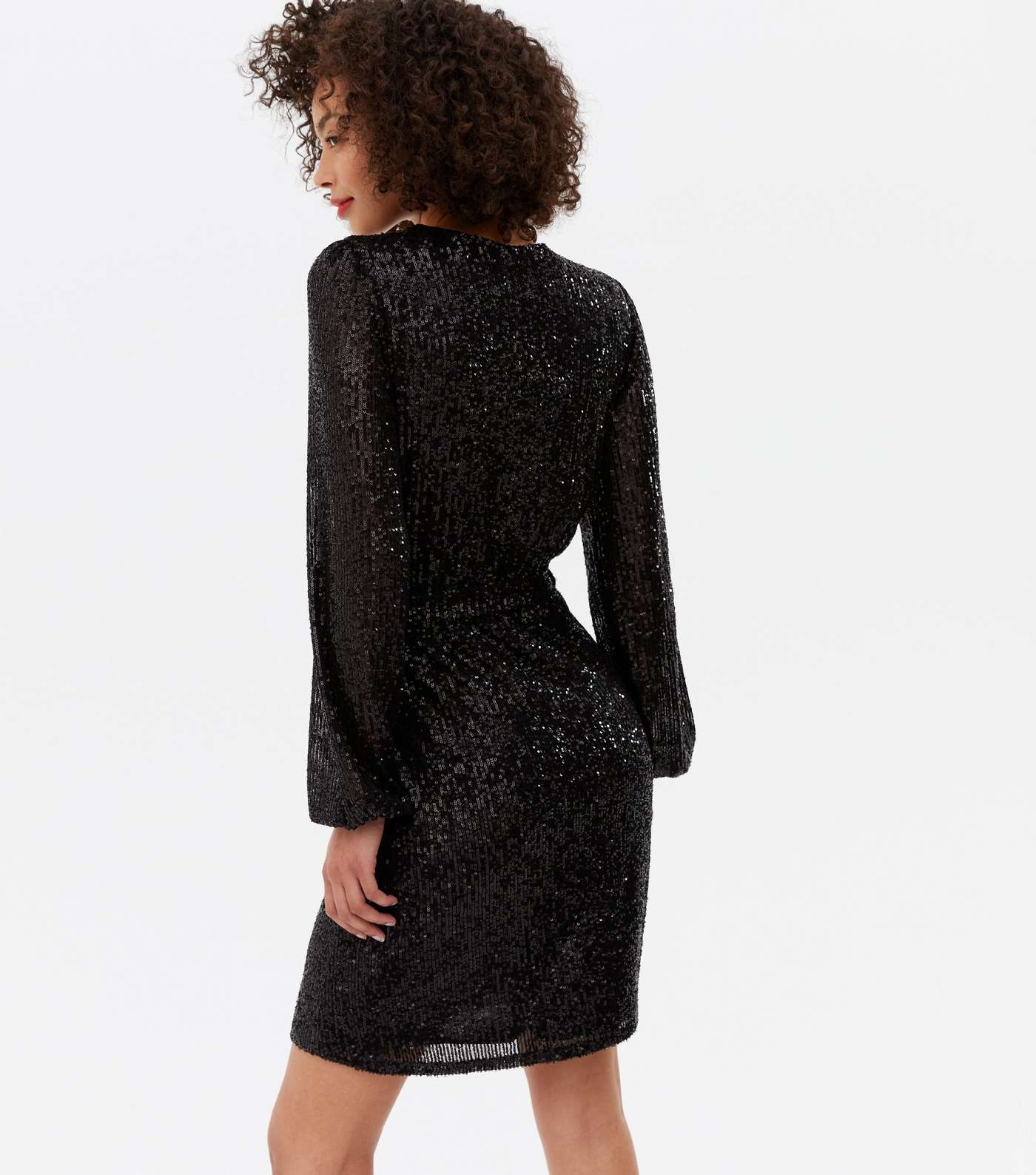 Tall Black Sequin Long Sleeve Mini Wrap Dress Image 4