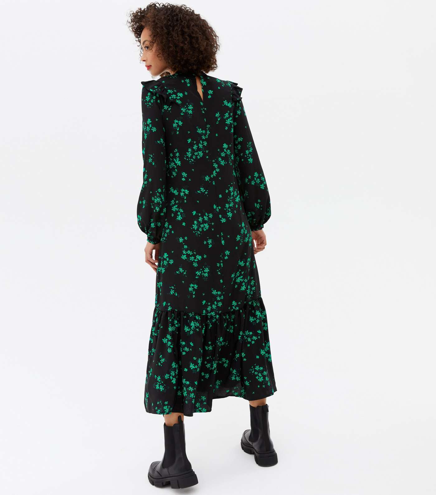 Tall Black Floral Frill High Neck Midi Dress Image 4