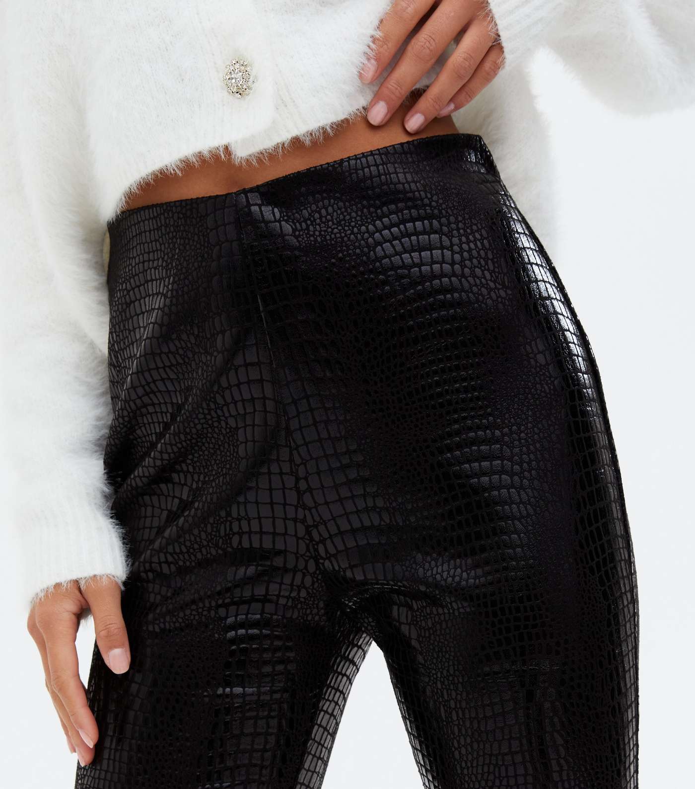 Petite Black Leather-Look Faux Croc Slim Trousers Image 3