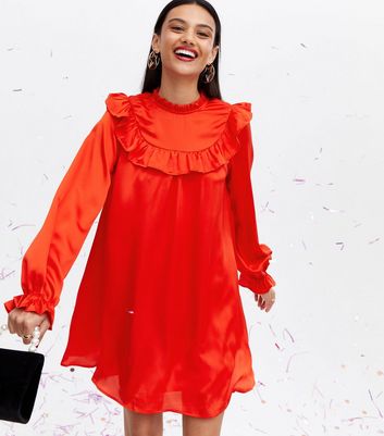 Red Satin Yoke Frill Mini Oversized Smock Dress New Look