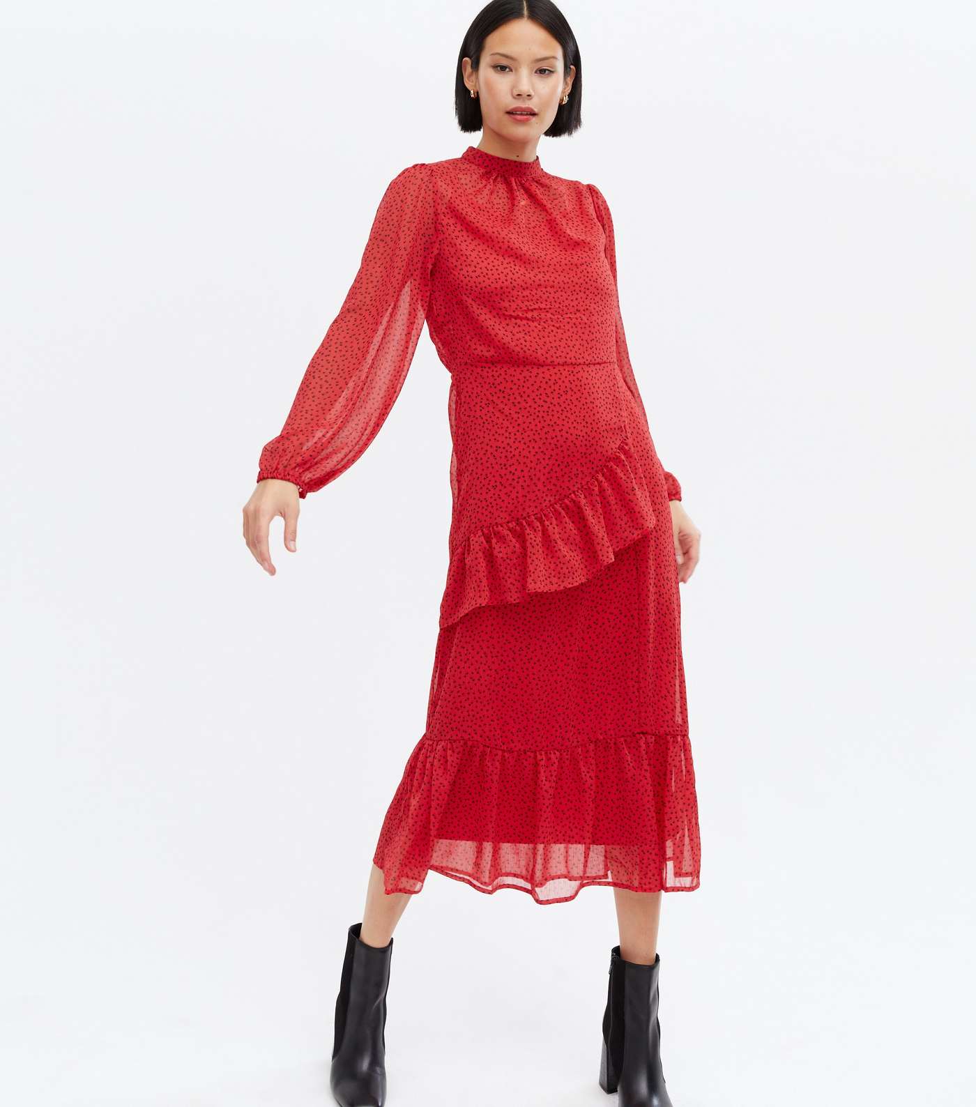 Red Ditsy Floral Chiffon Long Sleeve Tiered Midi Dress