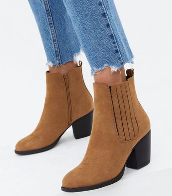 tan booties block heel